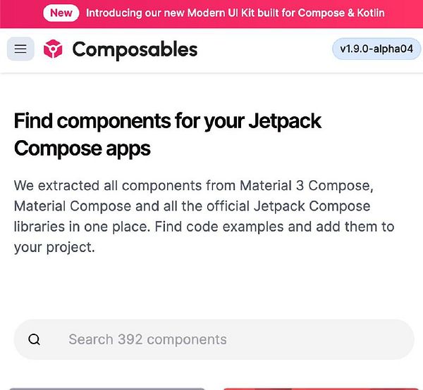The image displays a webpage for a UI kit announcement related to Jetpack Compose.