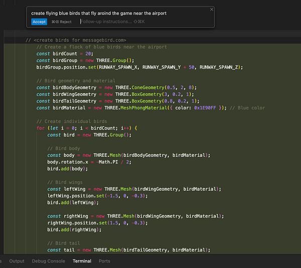 The image displays a code snippet for creating flying birds in a 3D environment using Three.js.