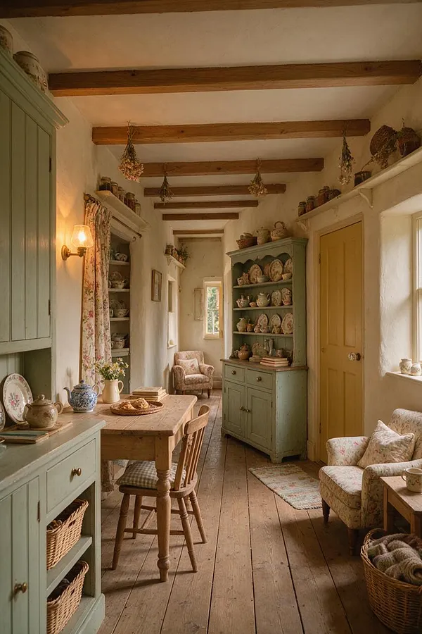 A narrow cottagecore mudroom with exposed wooden ceiling beams, aged plank floors, and creamy plaster walls. Soft sage cabinets, floral fabric accents, woven baskets, antique-style pottery, and a warm mustard-yellow door create a cozy, collected look.