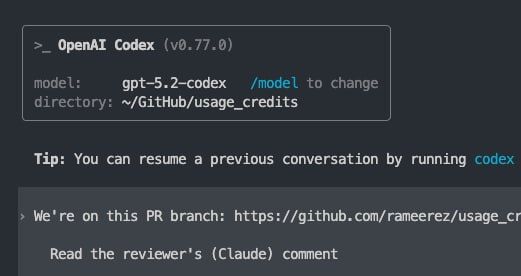 The image displays a terminal interface for OpenAI Codex with commands and tips related to a GitHub pull request.