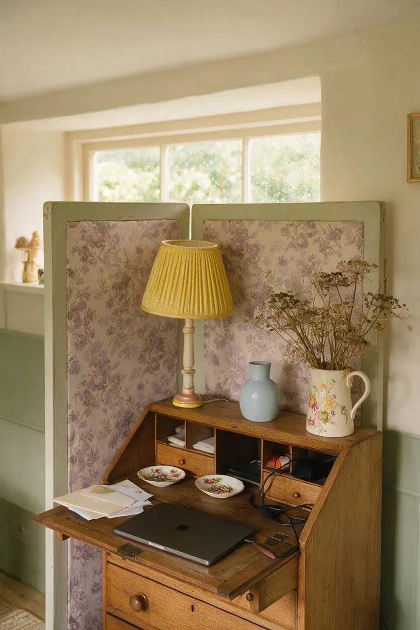 A cozy cottagecore home office nook features a vintage wooden bureau desk with a drop-down work surface, floral wallpapered privacy panels, and a pleated yellow table lamp. Small ceramic vases, a floral pitcher with dried flowers, and delicate dishware add a handmade, collected feel, while soft daylight streams through a large window behind the setup.