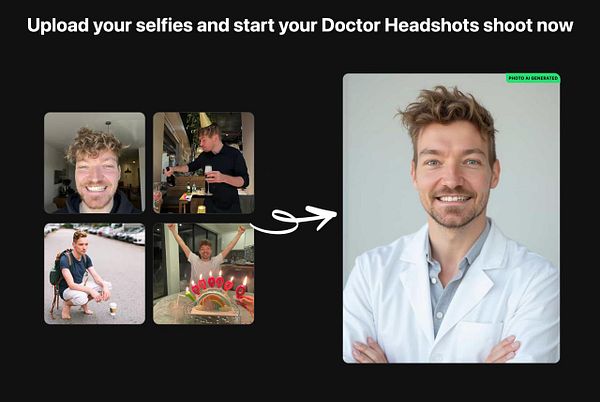 The image showcases a collage of selfies alongside a professional headshot generated by an app.