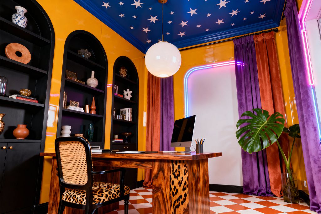 A bold home office features marigold walls and black arched built-in shelves filled with pottery and books. A cobalt blue ceiling painted with white stars hangs a globe pendant above a highly figured burl wood waterfall desk and a black chair with a cane back and leopard-print seat; purple and rust velvet curtains frame a corner traced by pink-to-blue neon, while a terracotta-and-white checkerboard floor and large monstera leaves complete the vivid maximalist scene.