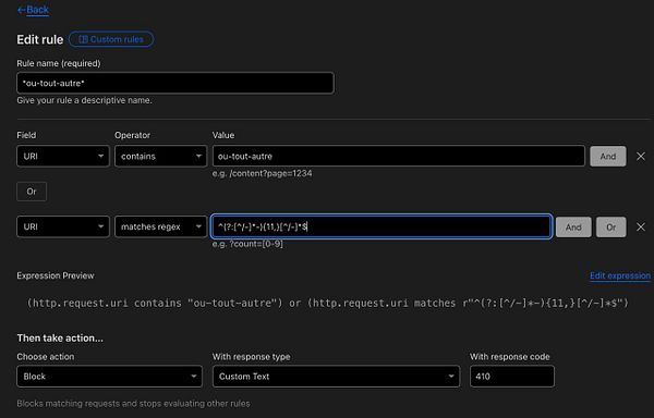 The image displays a configuration interface for setting up custom rules in Cloudflare.