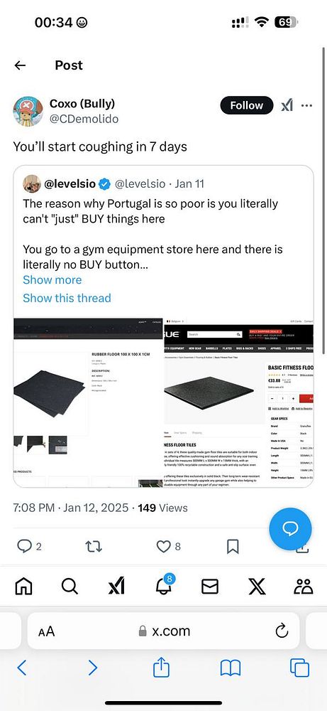 A Twitter post discussing the lack of purchasing options in Portugal, featuring a screenshot of a gym equipment website.