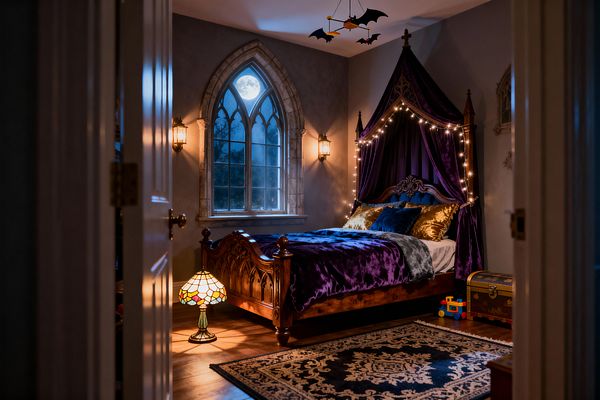 A children’s bedroom styled in Gothic design features a carved wooden bed with a deep purple velvet canopy trimmed in string lights, against gray walls. A pointed-arch stone window shows the moon outside, flanked by brass lantern sconces; a bat mobile hangs from the ceiling, a Tiffany-style stained glass lamp glows at the foot of the bed, and a black-and-cream rug, wooden floor, toy chest, and colorful toy train complete the scene.