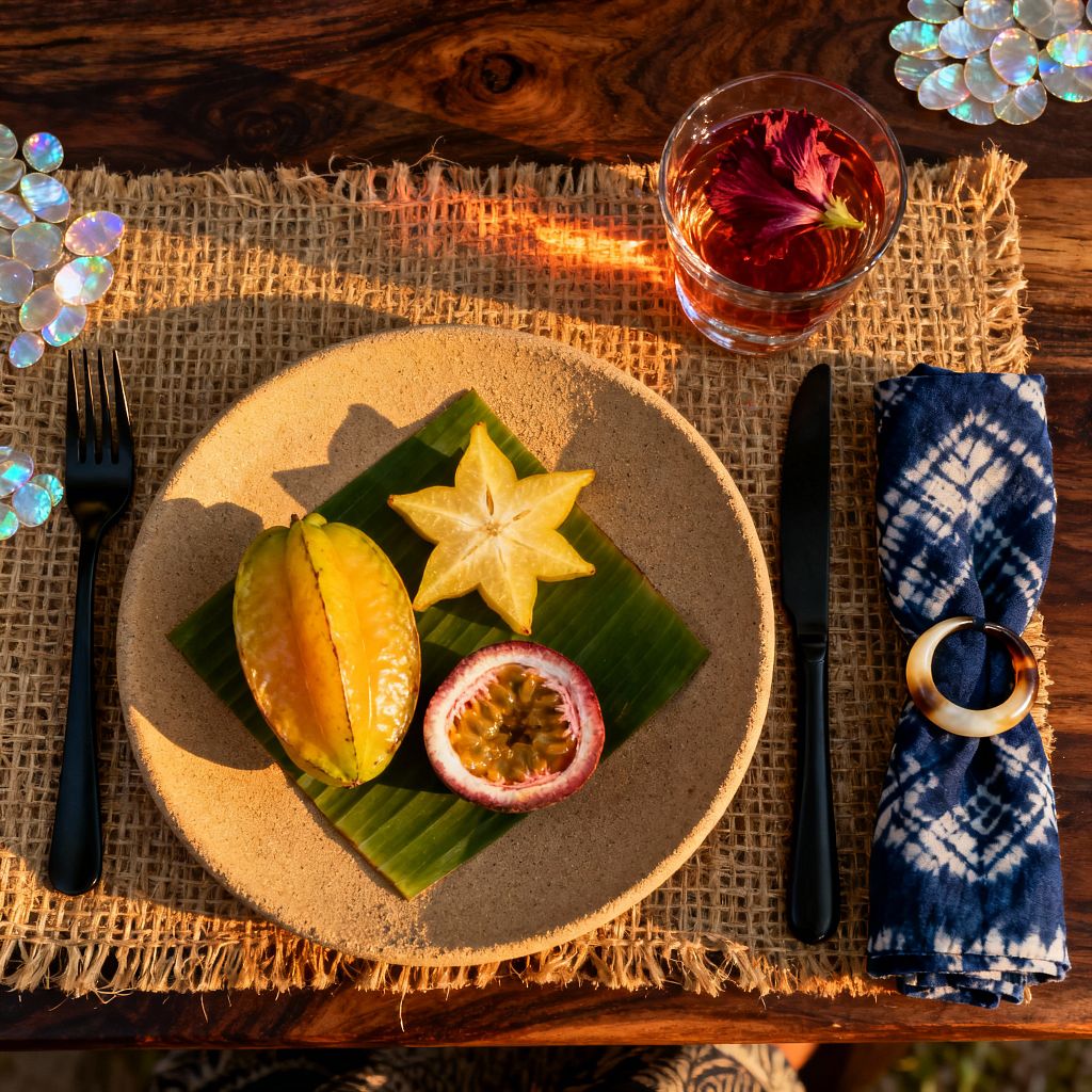 A tropical place setting on a dark, richly grained wooden table features a jute placemat topped with a sandy stoneware plate lined with a banana leaf and garnished with starfruit and half a passion fruit. At right are a matte black knife and an indigo tie-dye napkin held by a horn-look ring, with a clear glass of amber drink and red flower and iridescent capiz coasters catching warm sunlight.