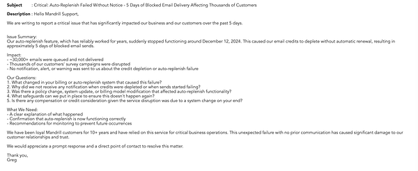 The image displays an email correspondence with Mandrill support regarding a critical issue with auto-replenishment of email credits.