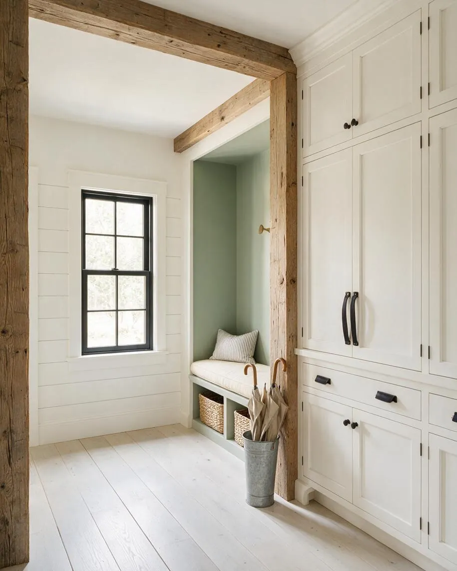 A farmhouse entryway with exposed rustic wood beams framing a small seating nook, white shiplap walls, and a black-trimmed window. A built-in bench with a striped cushion and woven baskets sits beside tall white storage cabinets with dark hardware, while a metal umbrella stand adds a practical touch.