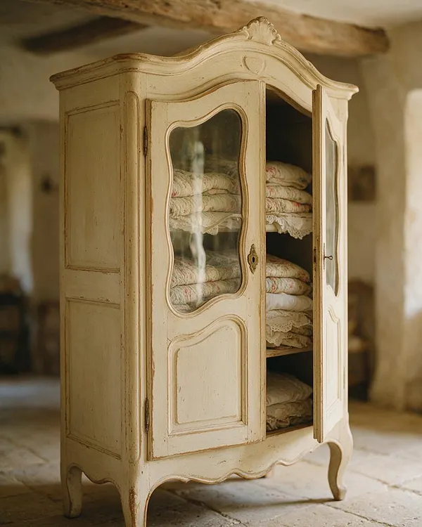 A tall French Country armoire in distressed cream paint stands in a rustic room with exposed wood beams and stone flooring. Its curved crown, scalloped apron, glass door panels, and cabriole legs frame neatly folded quilts and linens inside.