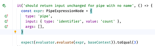 A code snippet demonstrating a test case for a pipe expression in a programming environment.