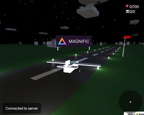 A virtual scene featuring a billboard for 'MAGNIFIC' in a low-poly environment with a runway and a small aircraft.