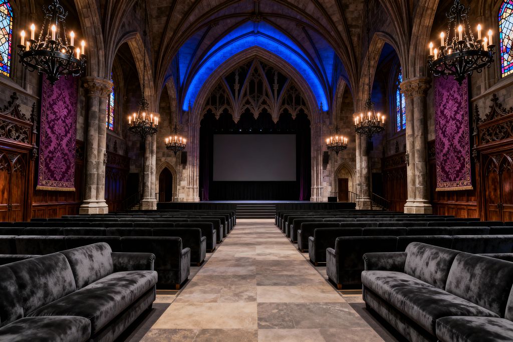 A cathedral-inspired media room with rib-vaulted stone ceilings, pointed arches, and stained-glass windows faces a large projection screen. Rows of charcoal velvet sofas flank a central stone-tile aisle, while carved dark wood paneling, purple damask wall banners, and wrought-iron chandeliers with candle-style bulbs glow under blue accent lighting, creating a dramatic Gothic atmosphere designed for comfortable viewing.