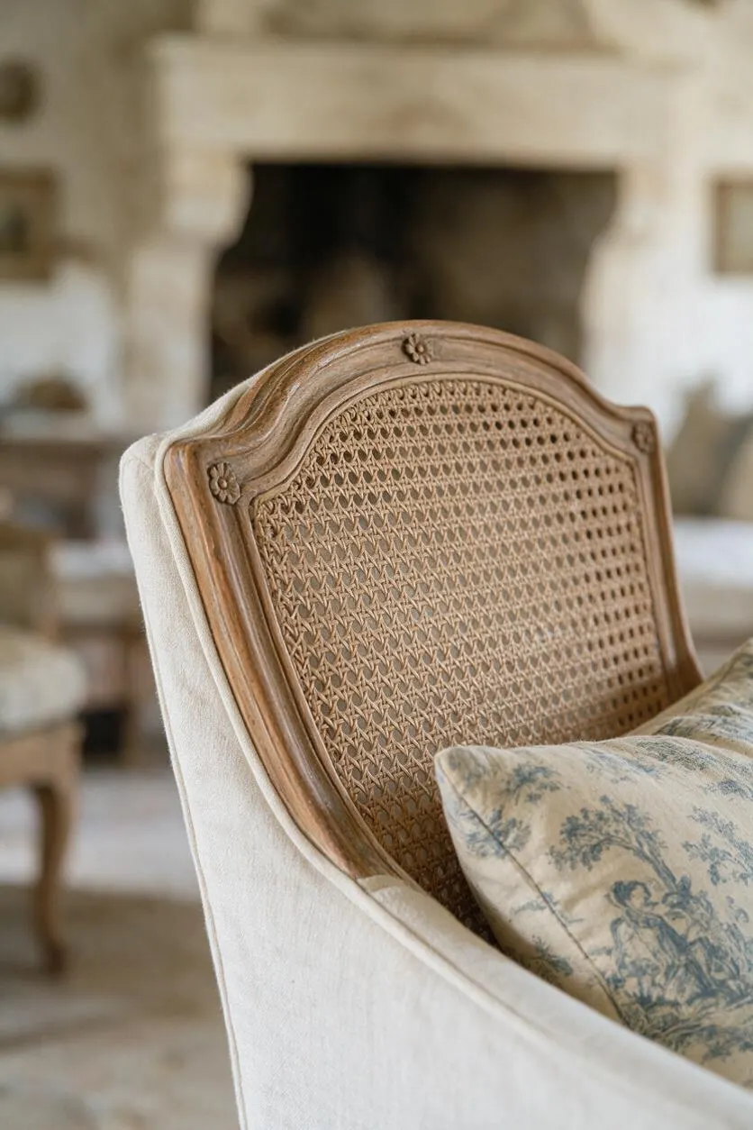 A close-up of a French Country accent chair with a carved wooden frame, woven cane back, and creamy linen upholstery. A blue-and-cream toile pillow rests against the seat, with a softly blurred rustic fireplace in the background.