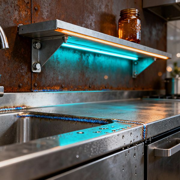 Close-up of an industrial kitchen sink area with a stainless steel countertop and integrated basin, showing blue heat-tinted welds and water droplets. A rusted steel backsplash holds a galvanized metal shelf with exposed bolts and dual LED strips that glow teal and amber. A stainless faucet, a bar-pull drawer front, and an amber glass jar emphasize the raw, utilitarian aesthetic.