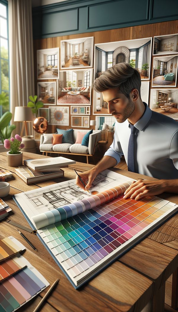 A designer is arranging color swatches on a table, showing a selection of pure hues from the color wheel against the backdrop of an interior design sketchbook.