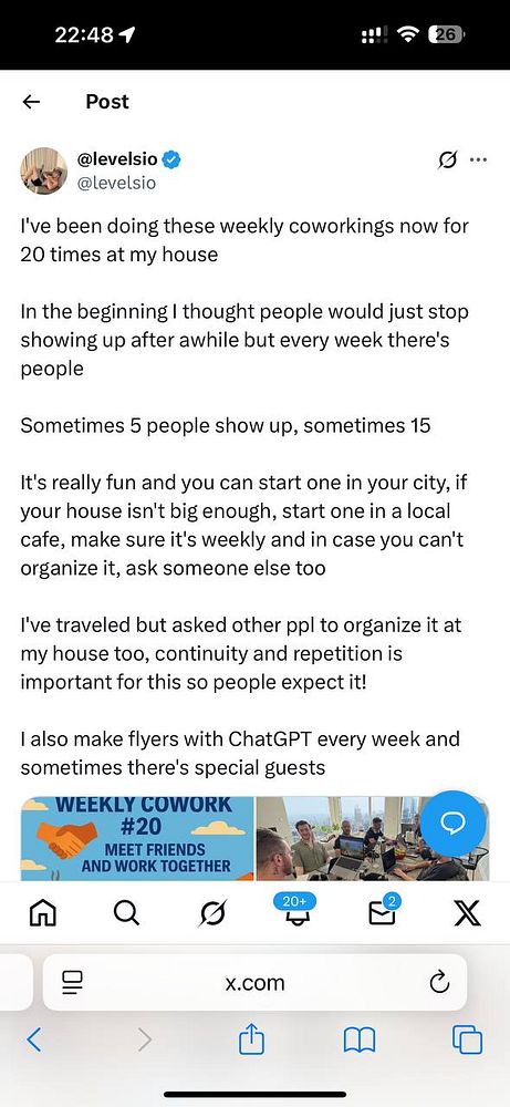 A Twitter post discussing weekly coworking events organized at the user's house.