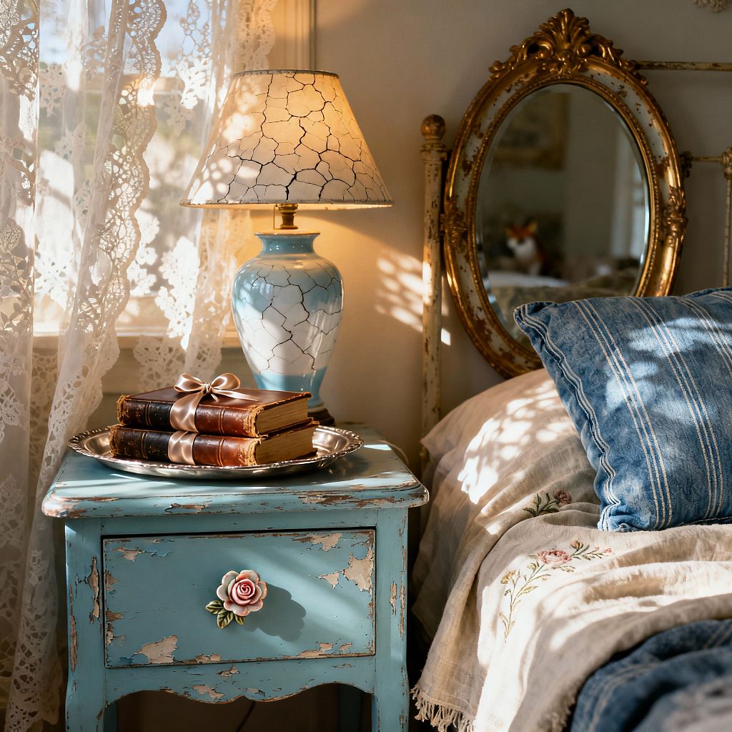 Sunlit shabby chic bedroom vignette featuring a distressed turquoise nightstand with a rose-shaped knob, topped by a crackle-glazed blue ceramic lamp and a silver tray holding ribbon-bound vintage books. An ornate oval gilded mirror leans against a cream wall beside lace curtains, while a bed dressed in white embroidered linen and a denim-blue striped pillow completes a palette of powder blue, warm white, and antique gold.