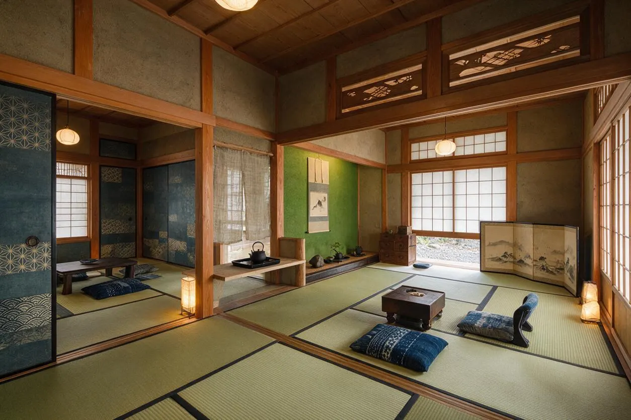 A serene Japanese Zen-style closet or dressing room with tatami mat flooring, warm wood framing, and shoji screen windows. The space includes low seating cushions, a small lacquered table, hanging lanterns, and decorative blue textiles, with a folding screen and sliding doors creating a calm, traditional atmosphere.