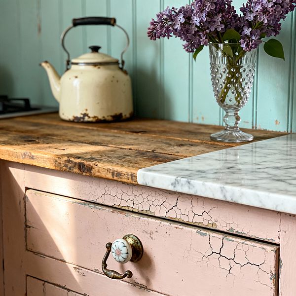 A close-up of a shabby chic kitchen shows a distressed blush-pink drawer with crackled paint and an antique brass drop pull with a floral ceramic knob. Above sits a rustic reclaimed-wood worktop edged by a white-and-gray marble slab; behind, mint green beadboard walls frame a cream enamel kettle with worn patina and a clear hobnail glass vase filled with purple lilacs, all lit by soft natural daylight.