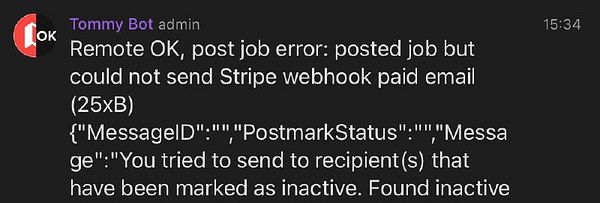 A screenshot of an error message related to a job posting on Remote OK.
