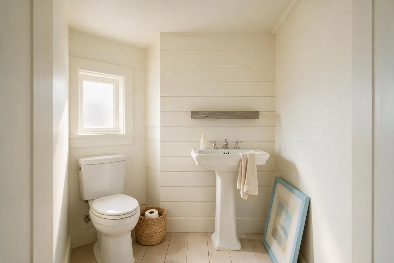 A small coastal powder room with white shiplap walls, a pedestal sink, and a compact toilet beneath a frosted window. Natural textures include a woven basket and pale wood flooring, while a leaning framed print and simple wall shelf add a relaxed, airy feel.