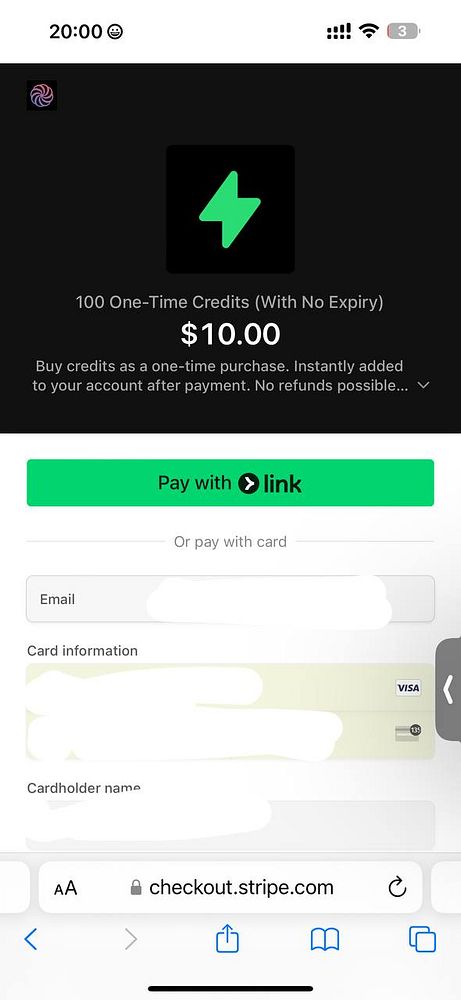 The image displays a payment interface for purchasing credits online.