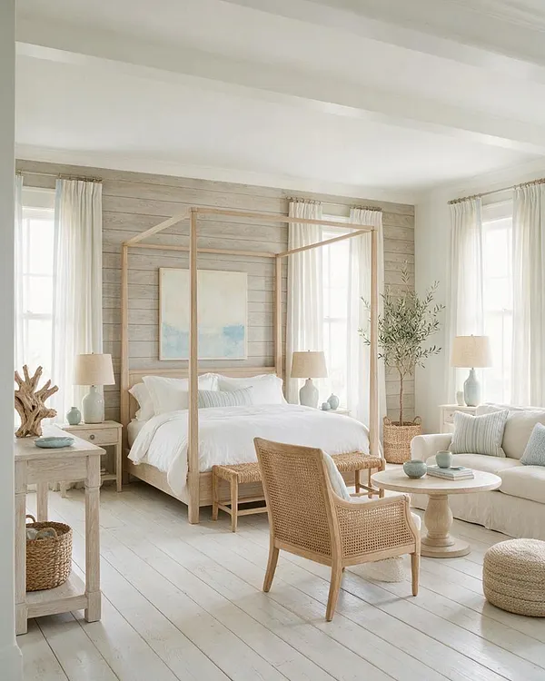A bright coastal guest bedroom with a natural wood four-poster canopy bed centered against a weathered shiplap wall. White bedding, woven chairs, a light upholstered sofa, soft blue accents, and sheer curtains create a calm, airy retreat filled with natural light.