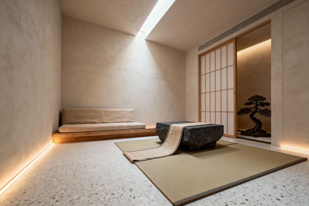 A serene minimalist living room features pale plaster walls, a terrazzo floor, and a linear skylight that washes light onto a low built-in wood bench with linen cushions. Centered on tatami mats is a black stone block table draped with a natural fiber runner, while a timber shoji sliding door opens to a recessed alcove with a bonsai and warm LED cove lighting along the baseboards.