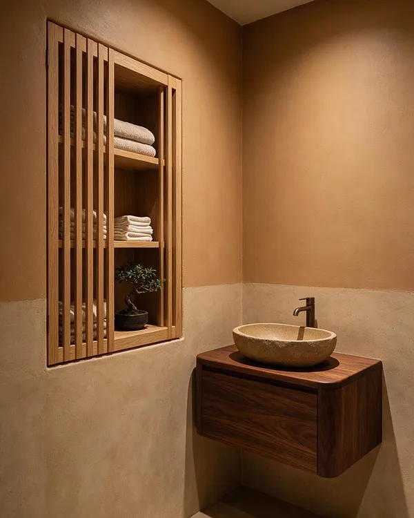 A compact master bathroom in Japandi style with warm beige plaster walls, a wall-mounted wood vanity, and a round stone vessel sink. A recessed wooden shelf with vertical slats holds folded towels and a small potted plant, adding calm, spa-like texture.