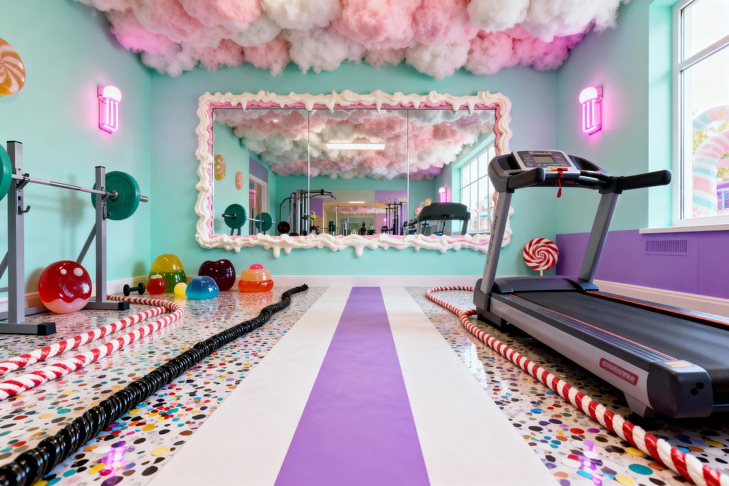 Whimsical home gym with mint walls features a large wall mirror framed in dripping frosting, a confetti-pattern epoxy floor with a white runway and lavender stripe, and red-and-white candy-cane battle ropes. Overhead, a fluffy pink-and-white cotton-candy ceiling floats above a treadmill, a barbell rack with green plates, and free weights, while gumdrop sculptures, lollipop details, and hot pink neon sconces sit near tall windows flooding the pastel space with daylight.