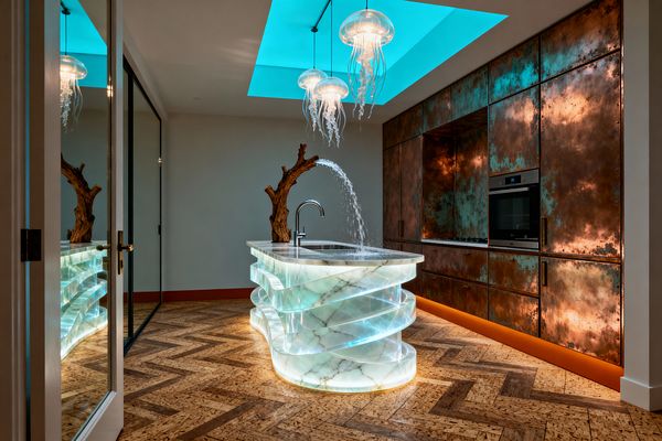 A surreal kitchen features a glowing, layered onyx island with internal lighting and a stainless sink, where a stream of water arcs into the basin. Above, three jellyfish-shaped glass pendants hang beneath a bright cyan ceiling panel. A full wall of oxidized copper cabinets with teal verdigris includes a built-in oven, while a herringbone cork floor, glass door with brass hardware, and driftwood sculptures complete the scene.