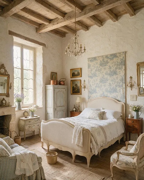 A French Country master bedroom with a carved cream upholstered bed centered on a pale floral tapestry panel, white plaster walls, and rustic exposed wood ceiling beams. The room includes an antique wardrobe, small wood nightstands, gilt-framed art, a chandelier, and soft neutral textiles layered over aged wood floors.