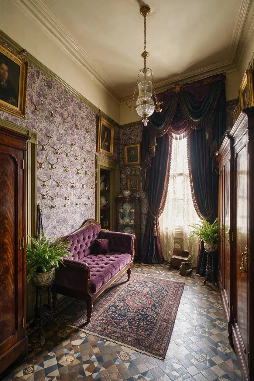 A narrow Victorian-style closet or dressing room with purple floral wallpaper, dark wood wardrobes, and a tufted velvet settee. Heavy burgundy and green drapes frame a bright window, while a patterned rug and tiled floor add antique charm.