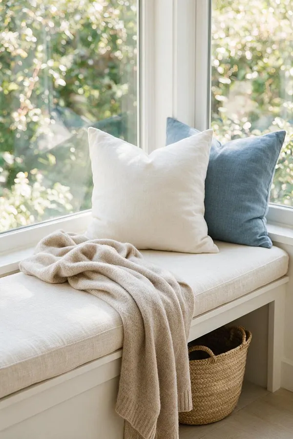 A bright coastal window seat with a cream cushion, two blue and white throw pillows, and a beige knit blanket draped across the bench. A woven basket sits underneath, and large windows frame soft greenery outside.