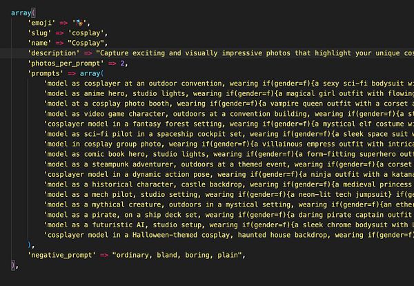 The image displays a code snippet related to a cosplay photo shoot prompt system.