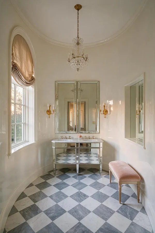 A glamorous powder room with a curved ceiling, arched window, crystal chandelier, mirrored vanity, and gold wall sconces. The floor features a gray-and-white diamond check pattern, and a blush upholstered bench sits along the right wall.