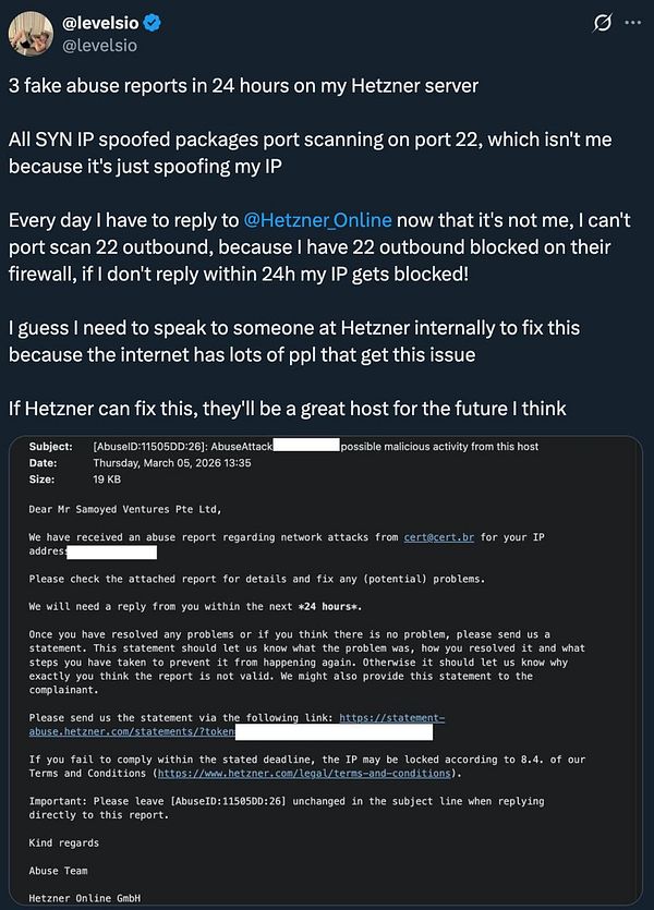Infographic titled "14 tips to avoid abuse reports at Hetzner" listing detailed security and operational best practices.