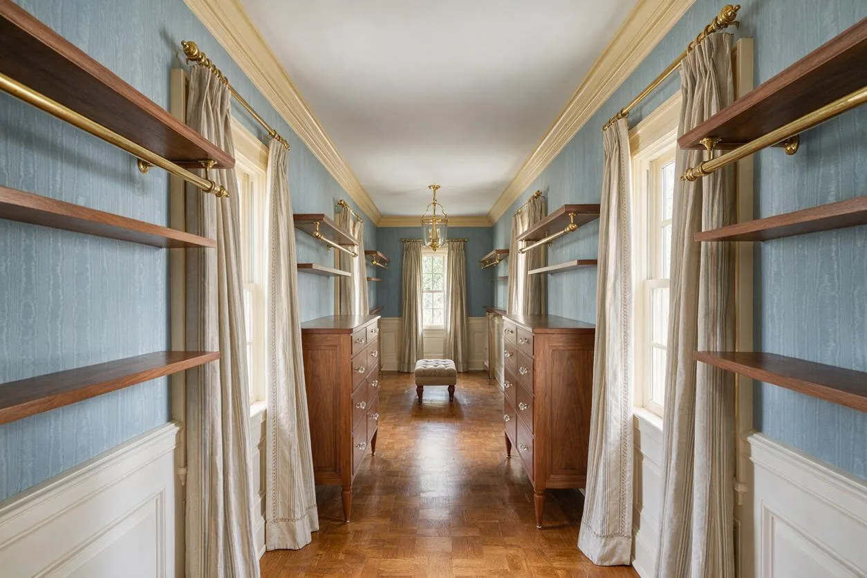 A long traditional walk-in closet with blue textured walls, white crown molding, parquet wood flooring, and symmetrical walnut shelving along both sides. Cream curtains frame the windows, while matching wood dressers with brass hardware and a small upholstered ottoman sit along the center axis.