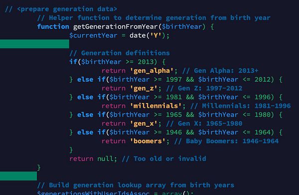 The image displays a code snippet for a function that determines generational categories based on birth years.