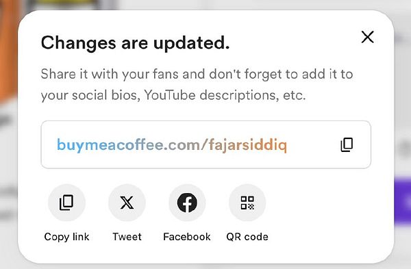 A notification window confirming updates for sharing a link.