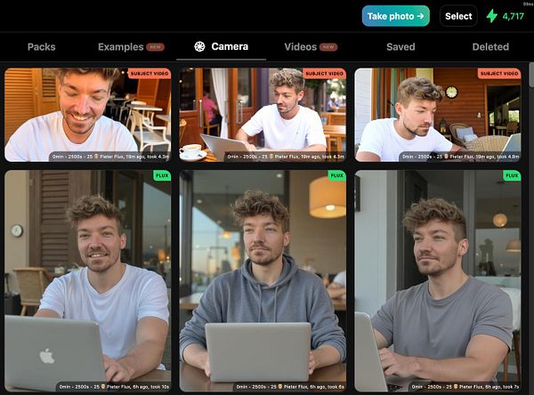 The image displays a grid of video thumbnails featuring a man with varying expressions and settings.