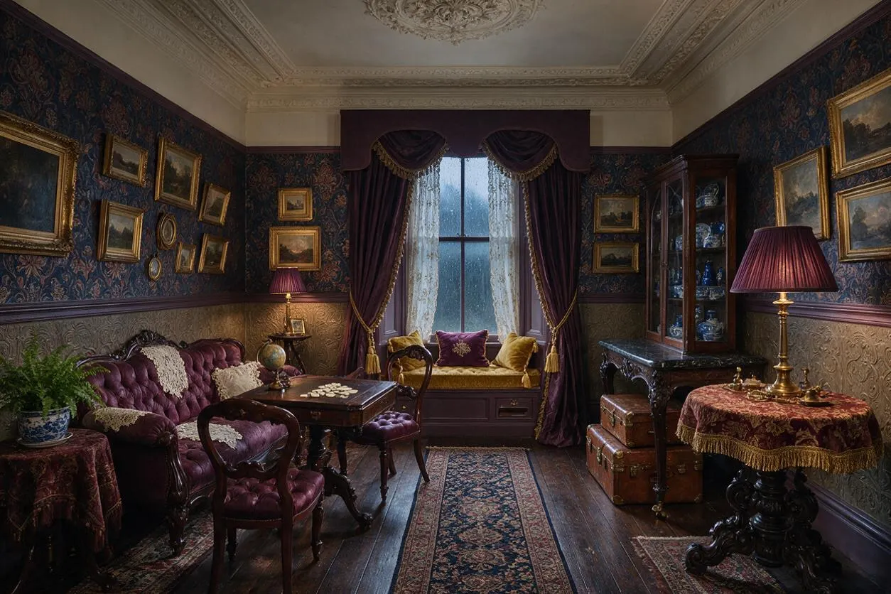 A richly decorated Victorian-style game room with dark floral wallpaper, ornate crown molding, and a central window dressed in deep plum drapes and lace curtains. The room includes a tufted burgundy sofa, carved wood chairs, a patterned runner, framed artwork, a glass cabinet, brass table lamps, and antique-style trunks and tables.