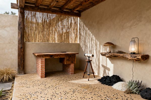 An open-air home office sits under a timber-and-reed roof with lime-plastered walls, featuring a rustic wood desk supported by two brick piers. A live-edge floating shelf holds a softly glowing lantern and a mushroom ornament, while a wooden tripod telescope stands on a sand-colored pebble-aggregate floor; bamboo screening casts striped shadows across the space, accented by tufts of dried grasses, black volcanic rock, white pebbles, and sprigs of herbs for an earthy, minimalist mood.