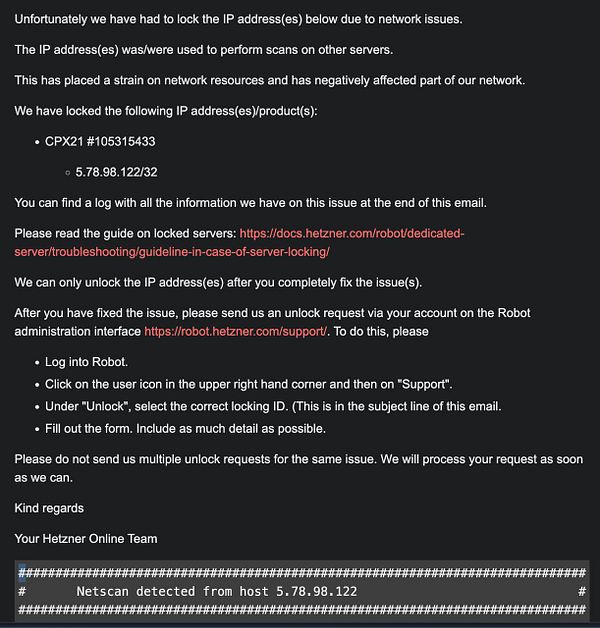 The image displays an email notification from Hetzner regarding the locking of an IP address due to network scanning activities.