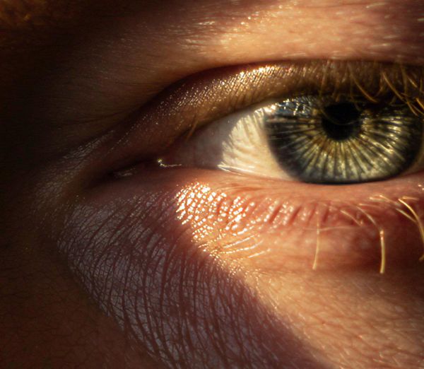 A close-up of a human eye with intricate details and textures.