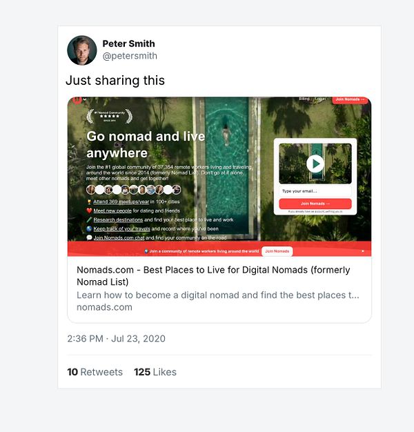 A tweet sharing a webpage about a community for digital nomads.