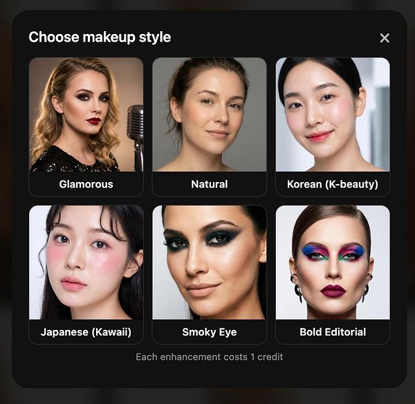 User interface screen for a photo AI makeup application showing a model image and upload options.