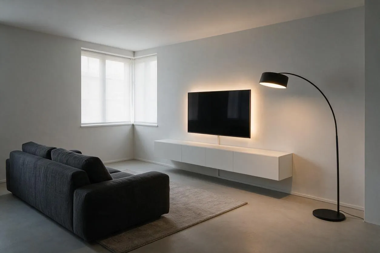 A minimalist game room with a dark charcoal sofa on a small neutral rug, a wall-mounted flat-screen TV above a long floating white media console, and a black arched floor lamp. Soft daylight filters through corner windows with sheer blinds, creating a calm, uncluttered atmosphere.