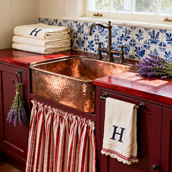 A traditional laundry room vignette shows a hammered copper apron-front sink set into a glossy cherry-stained wood countertop and framed by deep burgundy cabinets. An aged brass bridge faucet, blue-and-white floral ceramic tile backsplash, red-and-cream striped sink skirt, black iron hooks, monogrammed towels, and fresh lavender sit beneath a sunlit window with creamy trim.